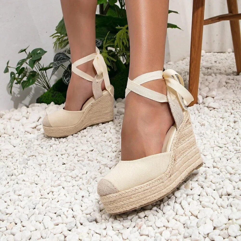 Apricot Boho Women's Vacation Tie Leg Design Espadrille Wedge Shoes